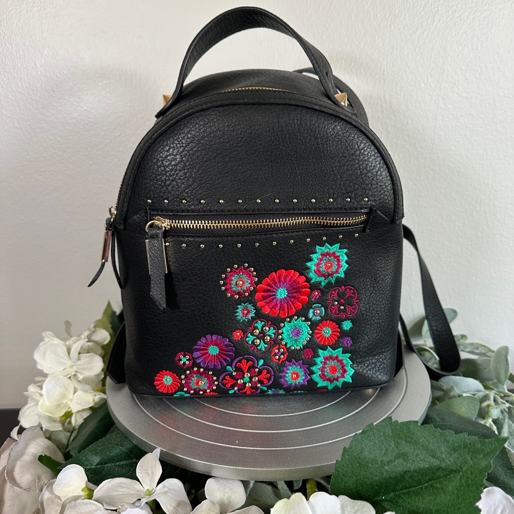 Steve Madden embroidered floral Black  Backpack With Gold Hardware
